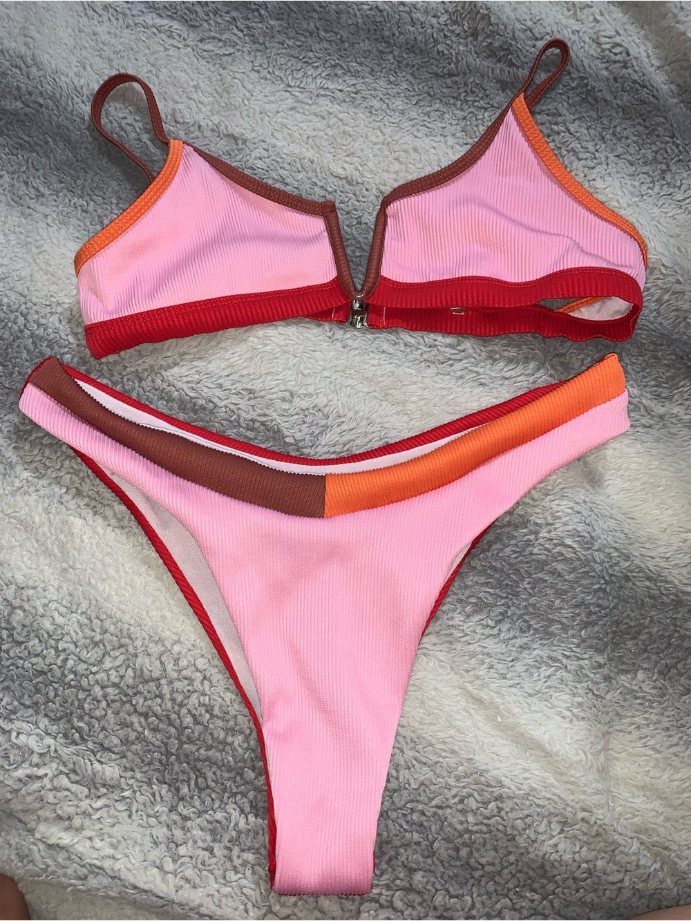 Pink Colorblock Ribbed Bikini Set